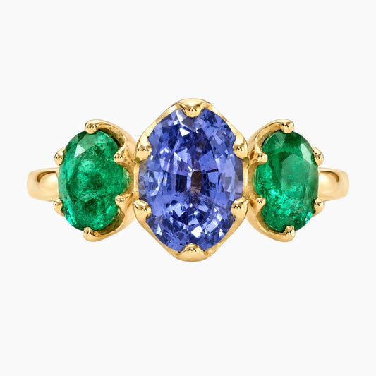 Nocturne 2ct Oval Sapphire & Emerald Three-Stone Ring