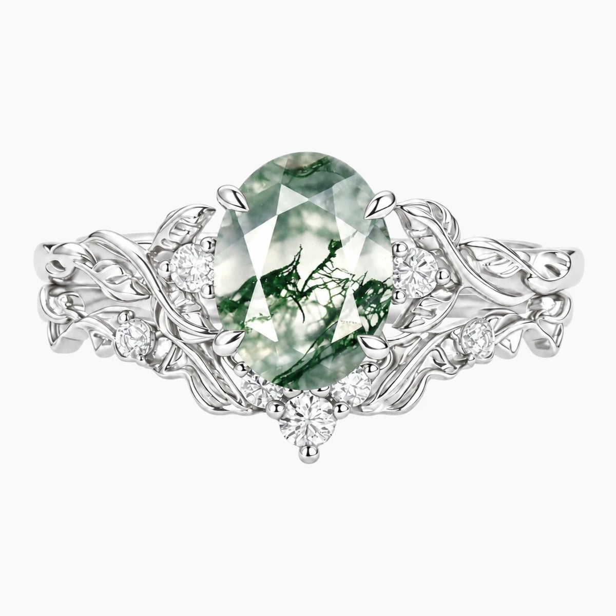 Elowenara Oval Moss Agate Botanical Ring Set