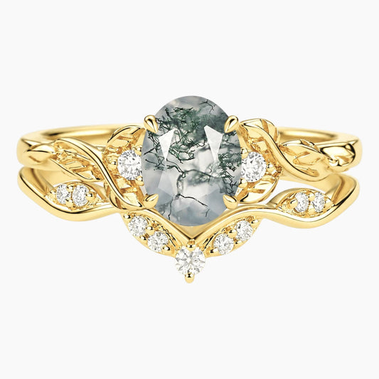 Virelora Oval Moss Agate Leaf-Inspired Ring Set