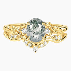 Virelora Oval Moss Agate Leaf-Inspired Ring Set