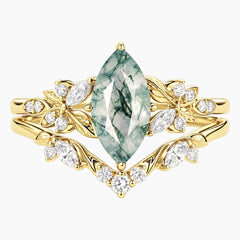 Thalorienne Marquise Moss Agate Botanical Ring Set