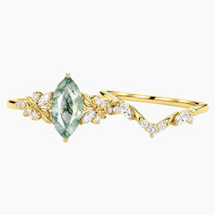 Thalorienne Marquise Moss Agate Botanical Ring Set
