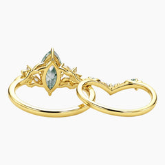 Thalorienne Marquise Moss Agate Botanical Ring Set
