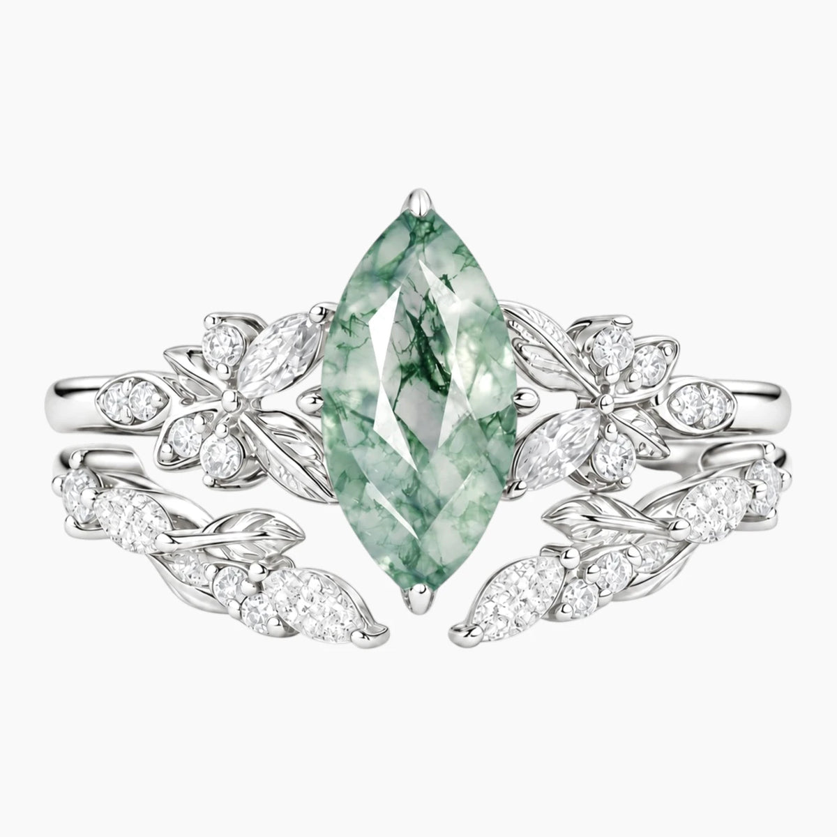 Eiravelle Marquise Moss Agate Botanical Ring Set