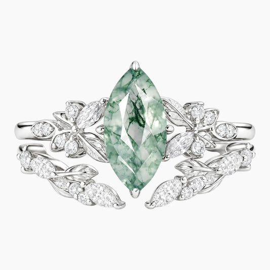 Eiravelle Marquise Moss Agate Botanical Ring Set