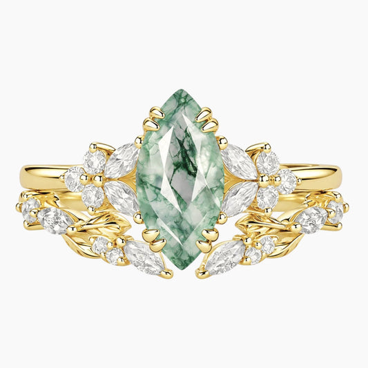 Elvarielle Marquise Moss Agate Botanical Ring Set