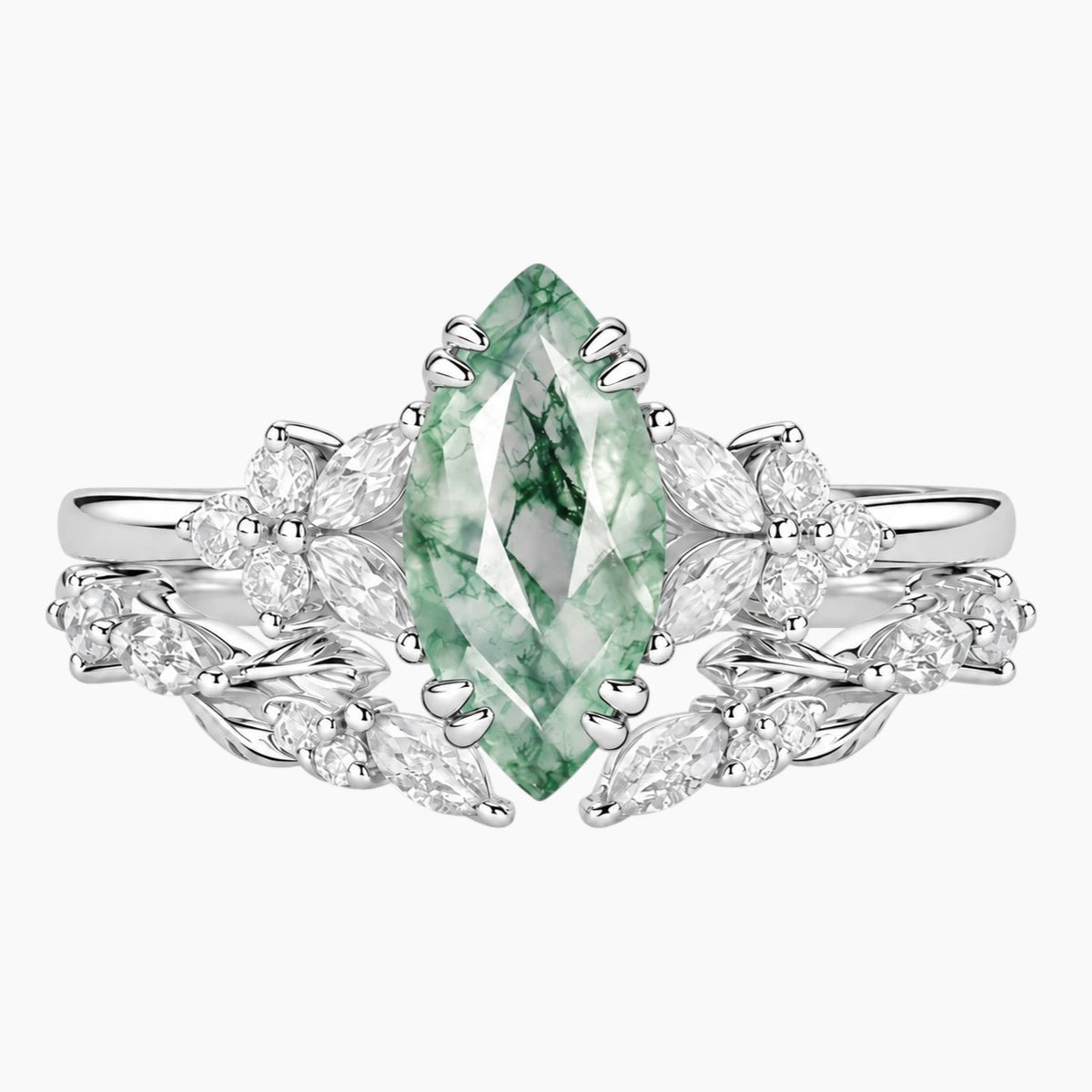 Elvarielle Marquise Moss Agate Botanical Ring Set