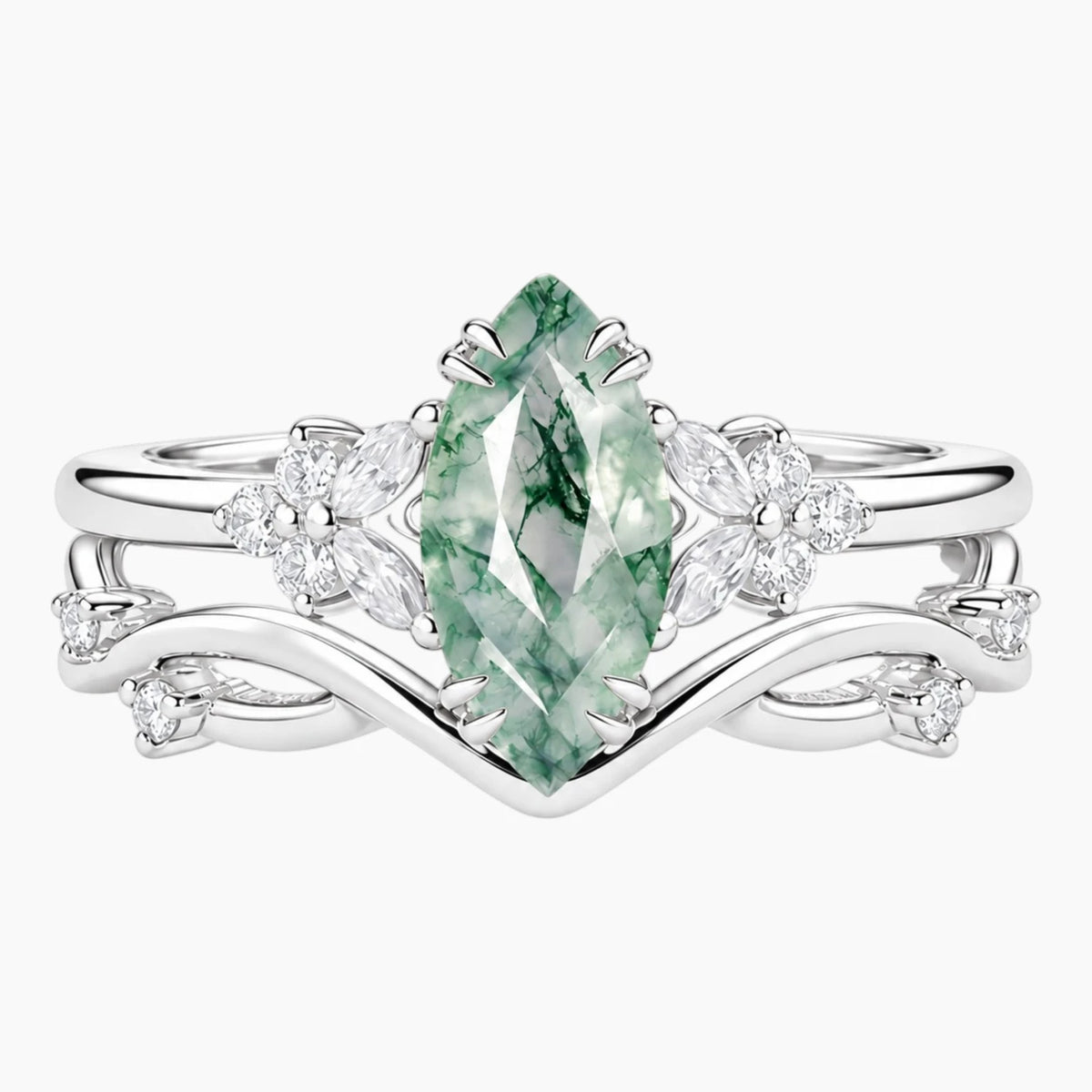 Viridienne Marquise Moss Agate Floral Contour Ring Set