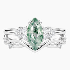 Viridienne Marquise Moss Agate Floral Contour Ring Set