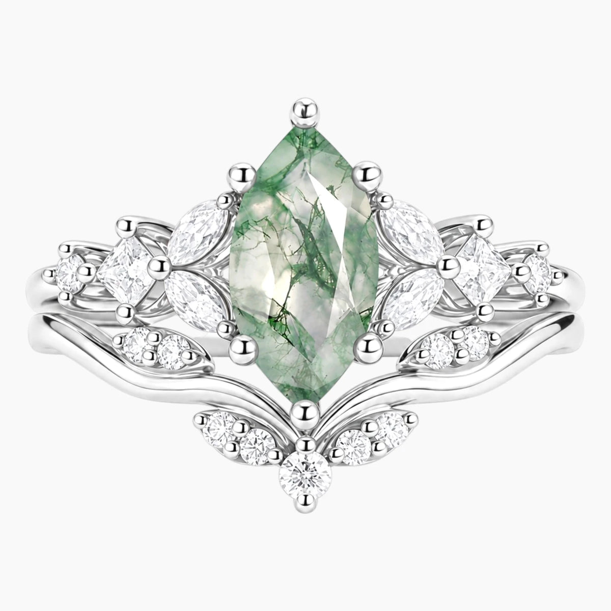 Celandrisse Marquise Moss Agate Botanical Crown Ring Set