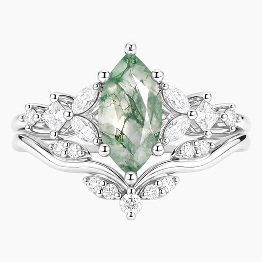 Celandrisse Marquise Moss Agate Botanical Crown Ring Set