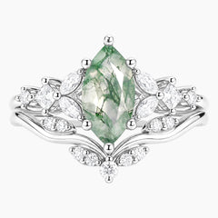 Celandrisse Marquise Moss Agate Botanical Crown Ring Set