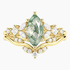 Celandrisse Marquise Moss Agate Botanical Crown Ring Set