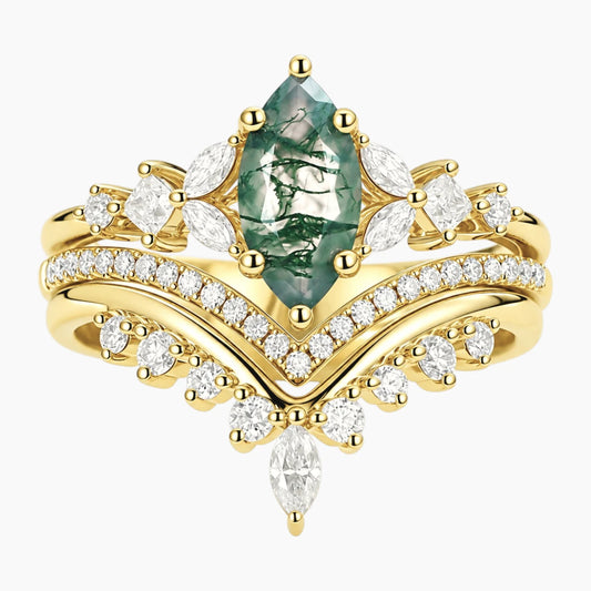 Virellora Marquise Moss Agate 3-Piece Engagement Ring Set