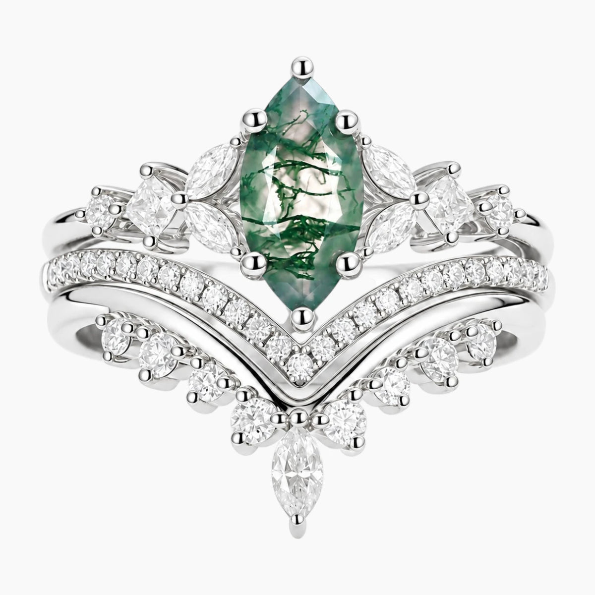 Virellora Marquise Moss Agate 3-Piece Engagement Ring Set