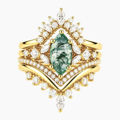 Elarivelle Marquise Moss Agate 4-Piece Tiara Engagement Ring Set
