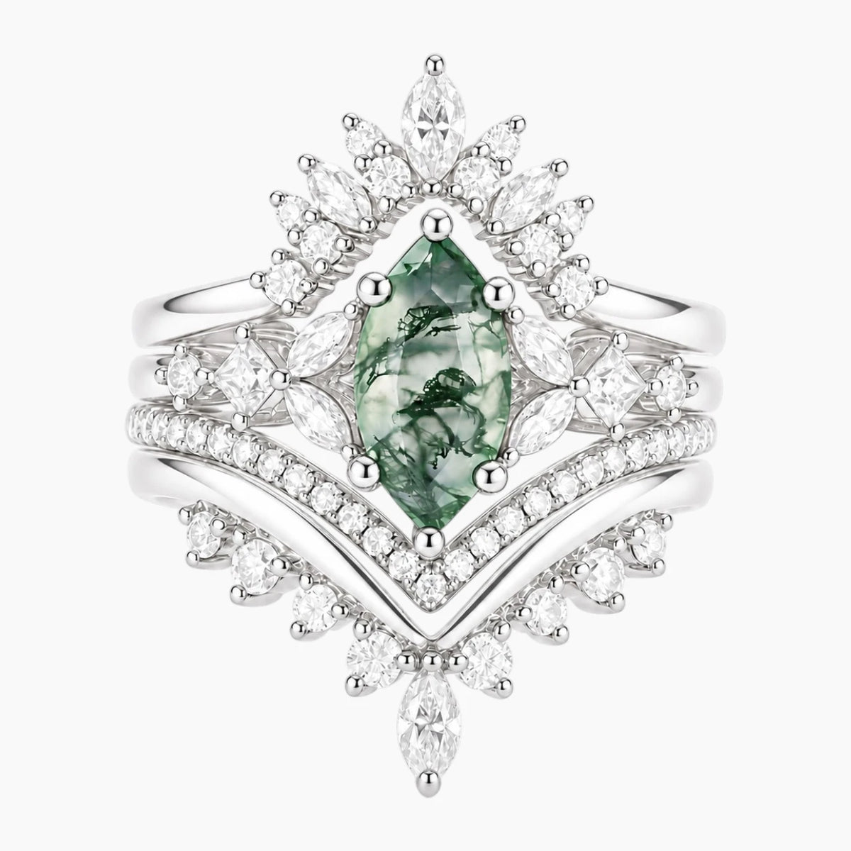 Elarivelle Marquise Moss Agate 4-Piece Tiara Engagement Ring Set
