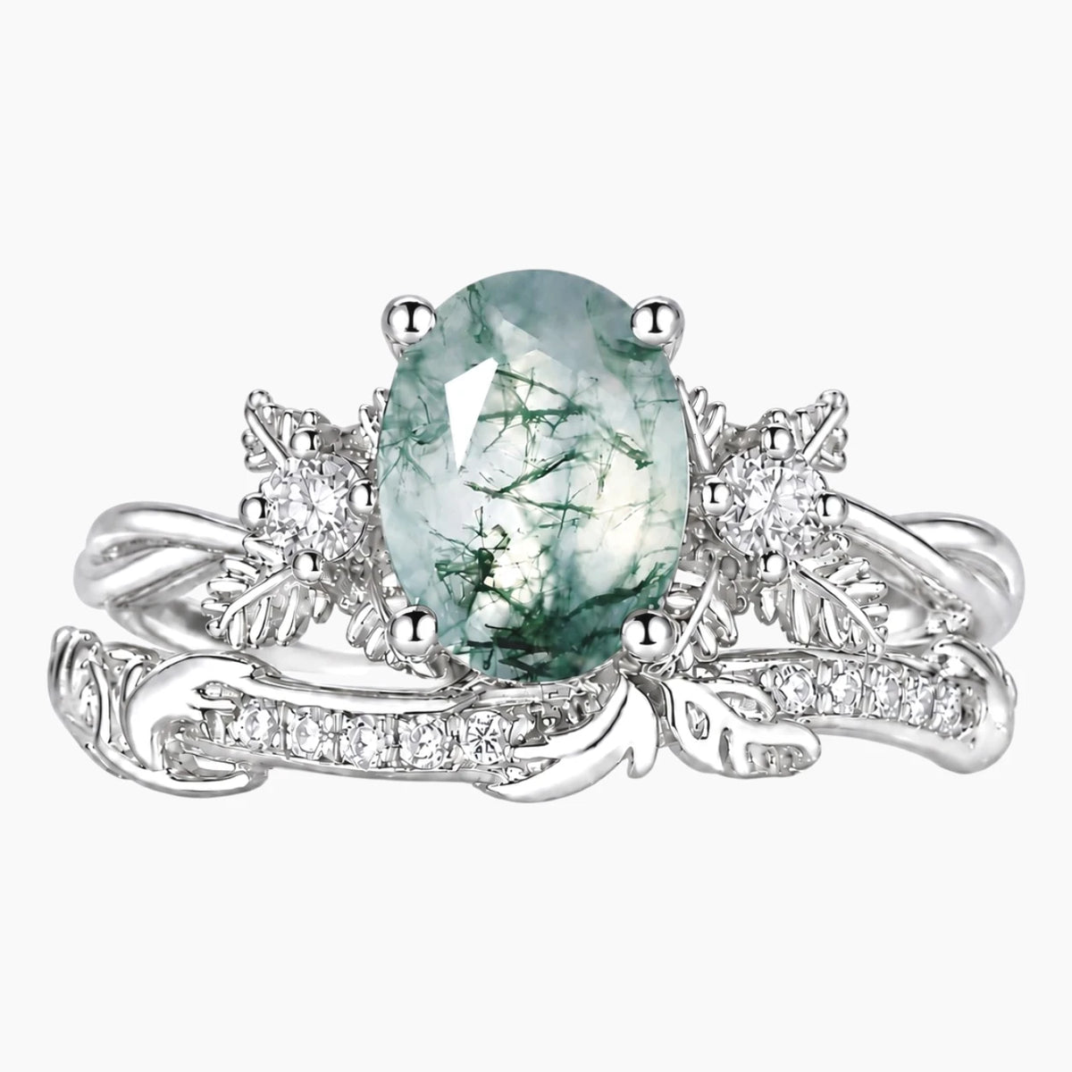 Neravelle Oval Moss Agate Botanical Ring Set