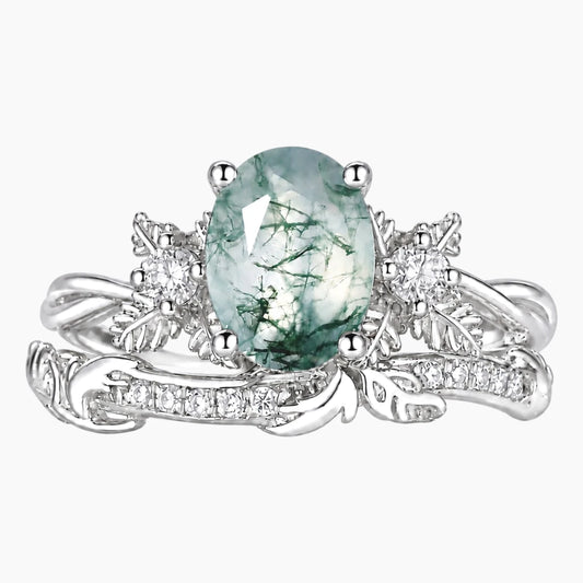 Neravelle Oval Moss Agate Botanical Ring Set