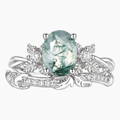 Neravelle Oval Moss Agate Botanical Ring Set