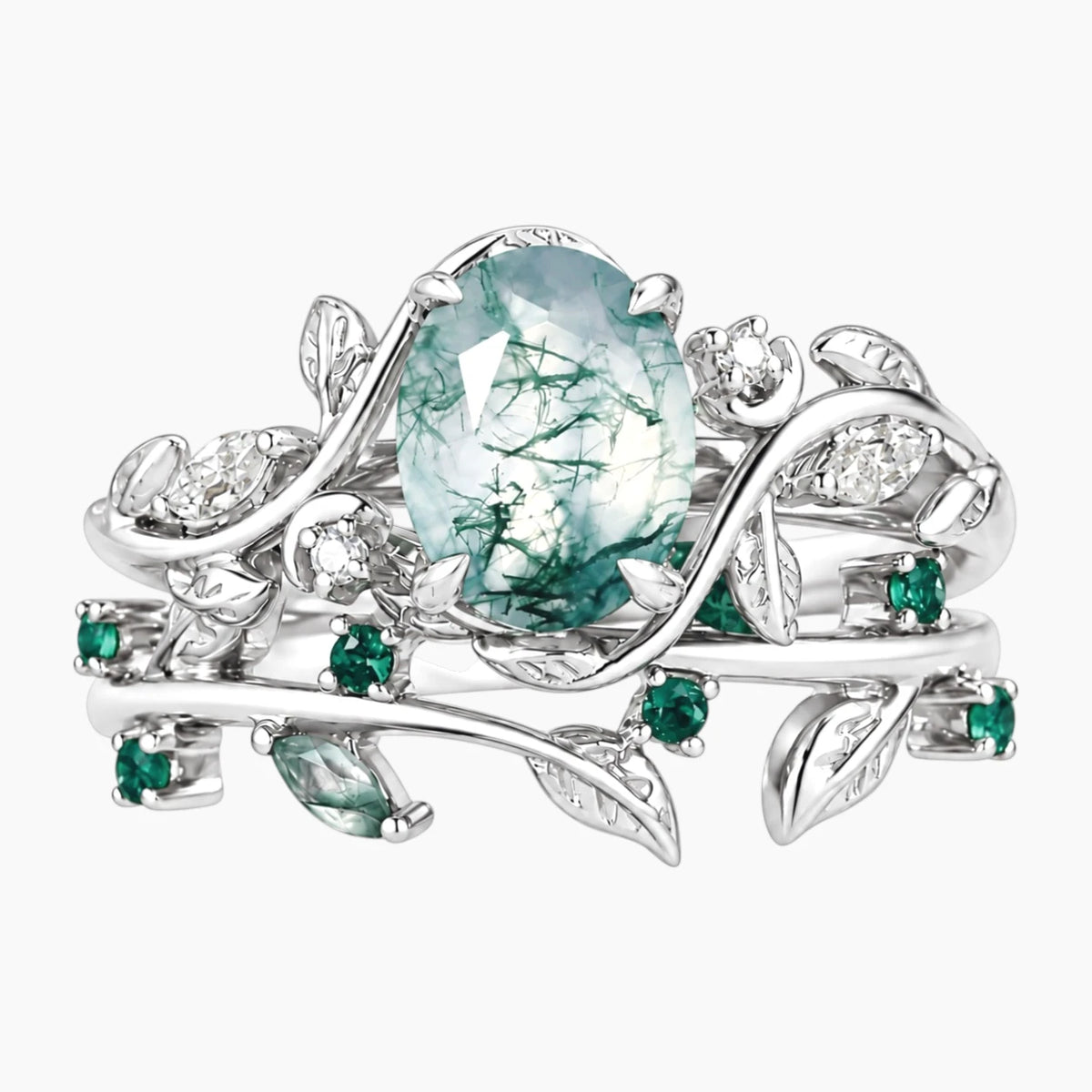 Névalisse Oval Moss Agate Botanical Ring Set
