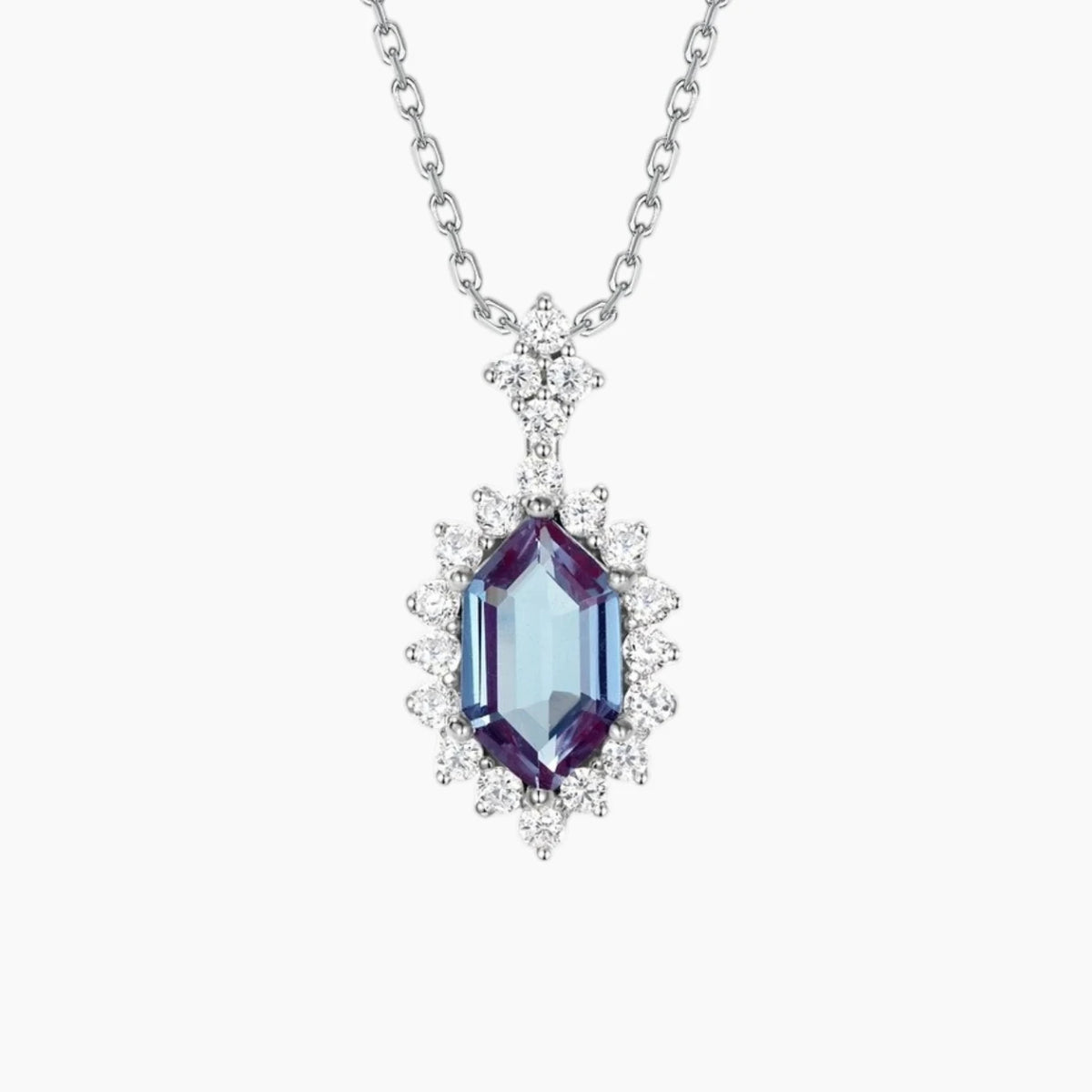 The Elara Hexagon-Cut Lab-Grown Alexandrite Halo Necklace