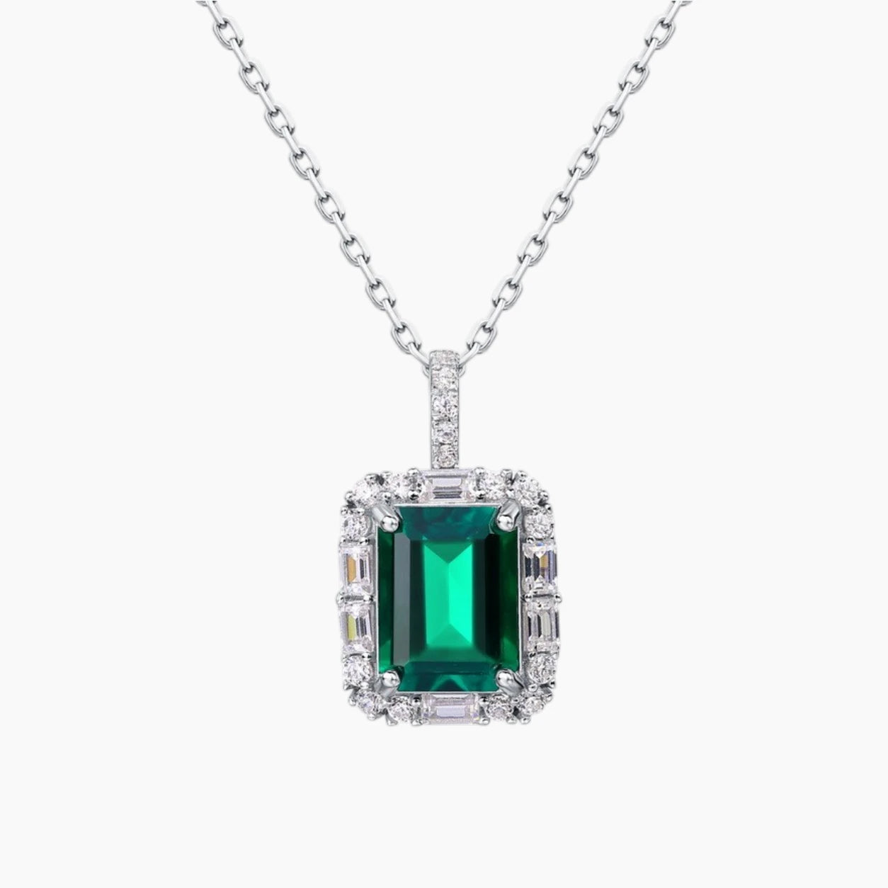 Marcelline 1.5-carat emerald-cut lab-grown emerald and moissanite halo necklace