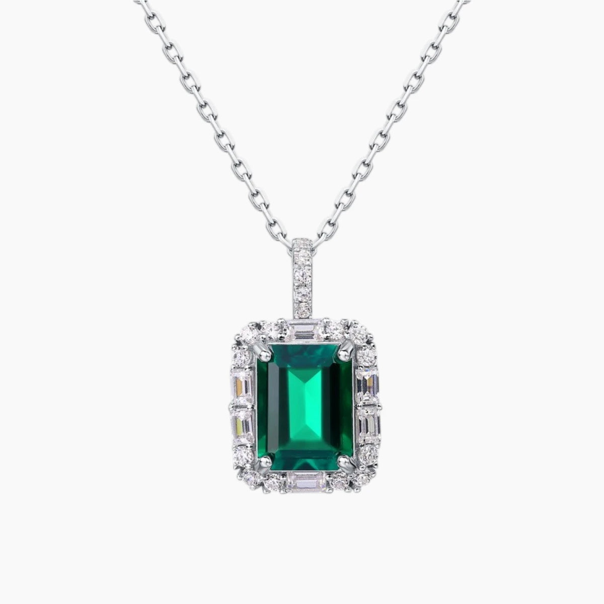 Marcelline 1.5-carat emerald-cut lab-grown emerald and moissanite halo necklace