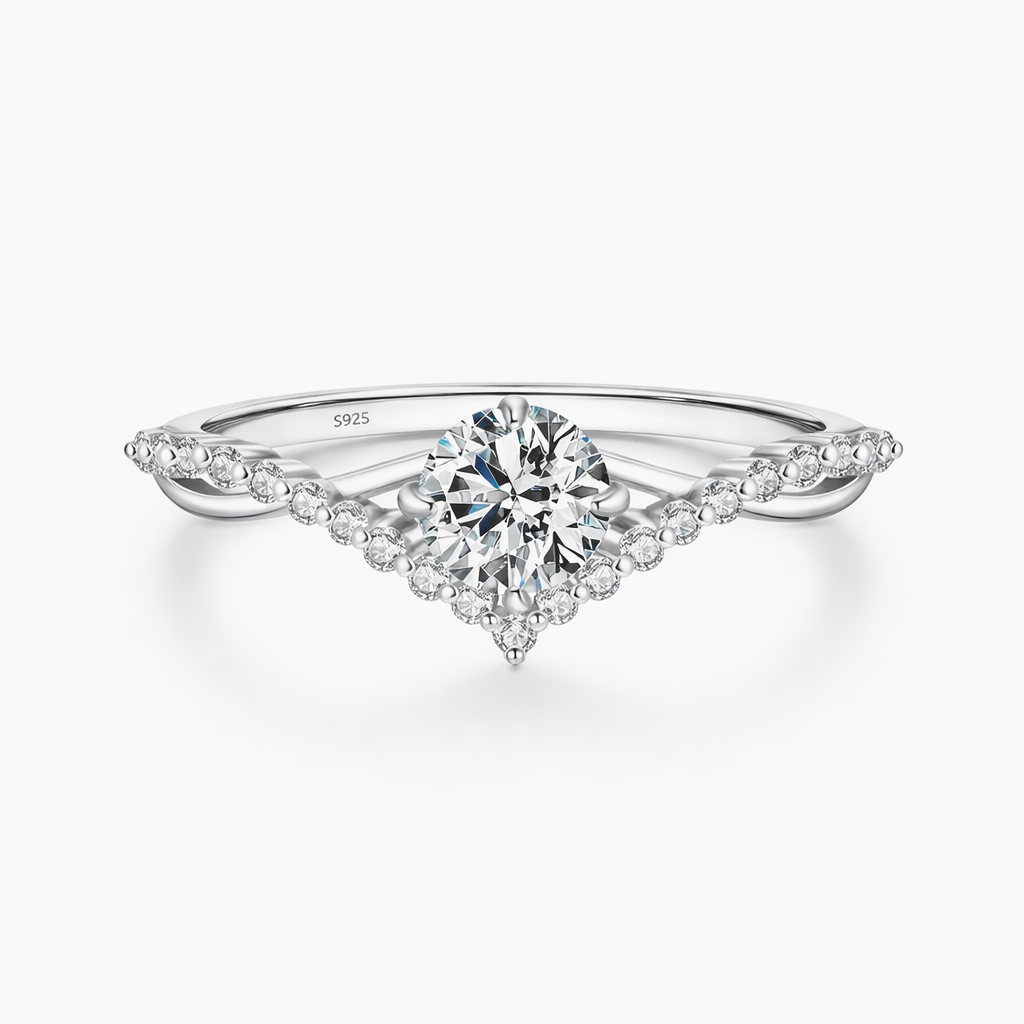 Sterling silver moissanite engagement ring with V-shaped band and round center stone