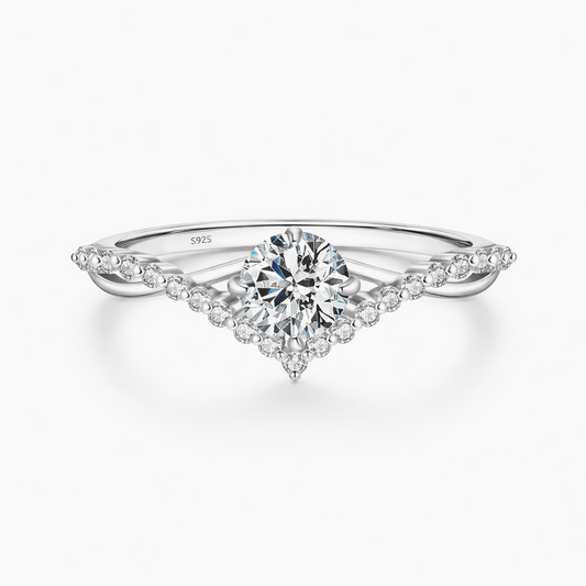 Sterling silver moissanite engagement ring with V-shaped band and round center stone