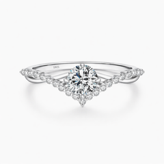 Sterling silver moissanite engagement ring with V-shaped band and round center stone