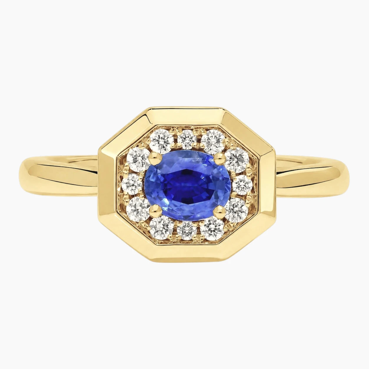 Vintage-inspired 1 Carat Oval Blue Sapphire and Moissanite Hexagon Halo Engagement Ring in 18K Gold Plated Sterling Silver