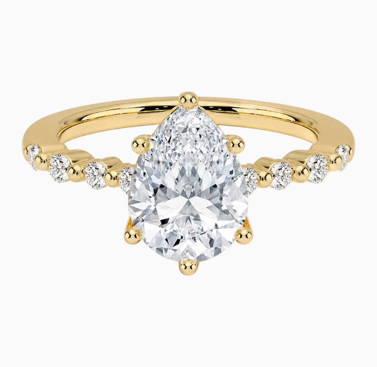 Pear-cut moissanite ring featuring an 18K white gold-plated band set with pavé diamonds; an elegant solitaire-style engagement ring.