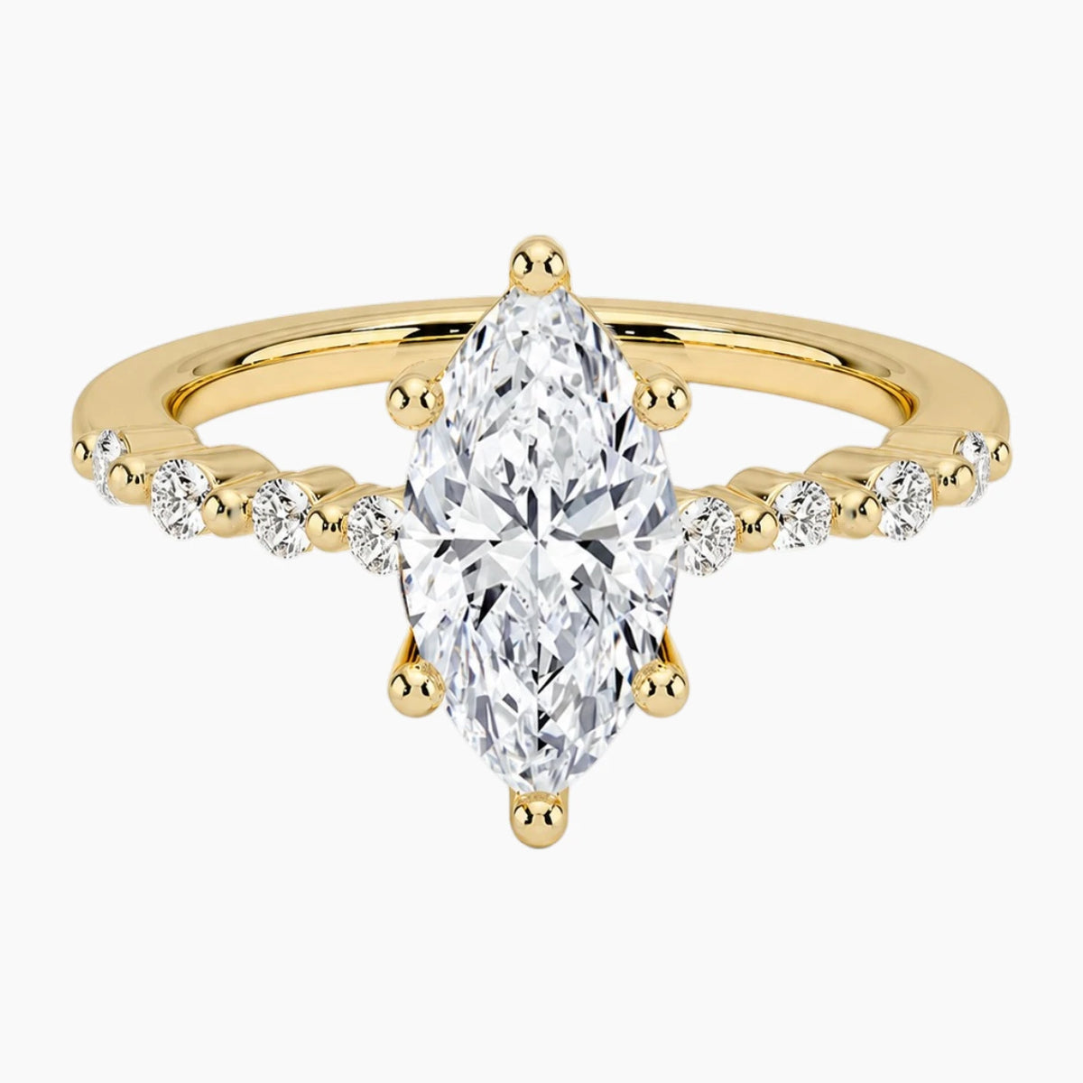 Marquise-cut moissanite ring featuring an 18K white gold-plated band set with pavé diamonds; an elegant solitaire-style engagement ring.