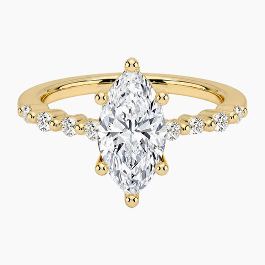Marquise-cut moissanite ring featuring an 18K white gold-plated band set with pavé diamonds; an elegant solitaire-style engagement ring.