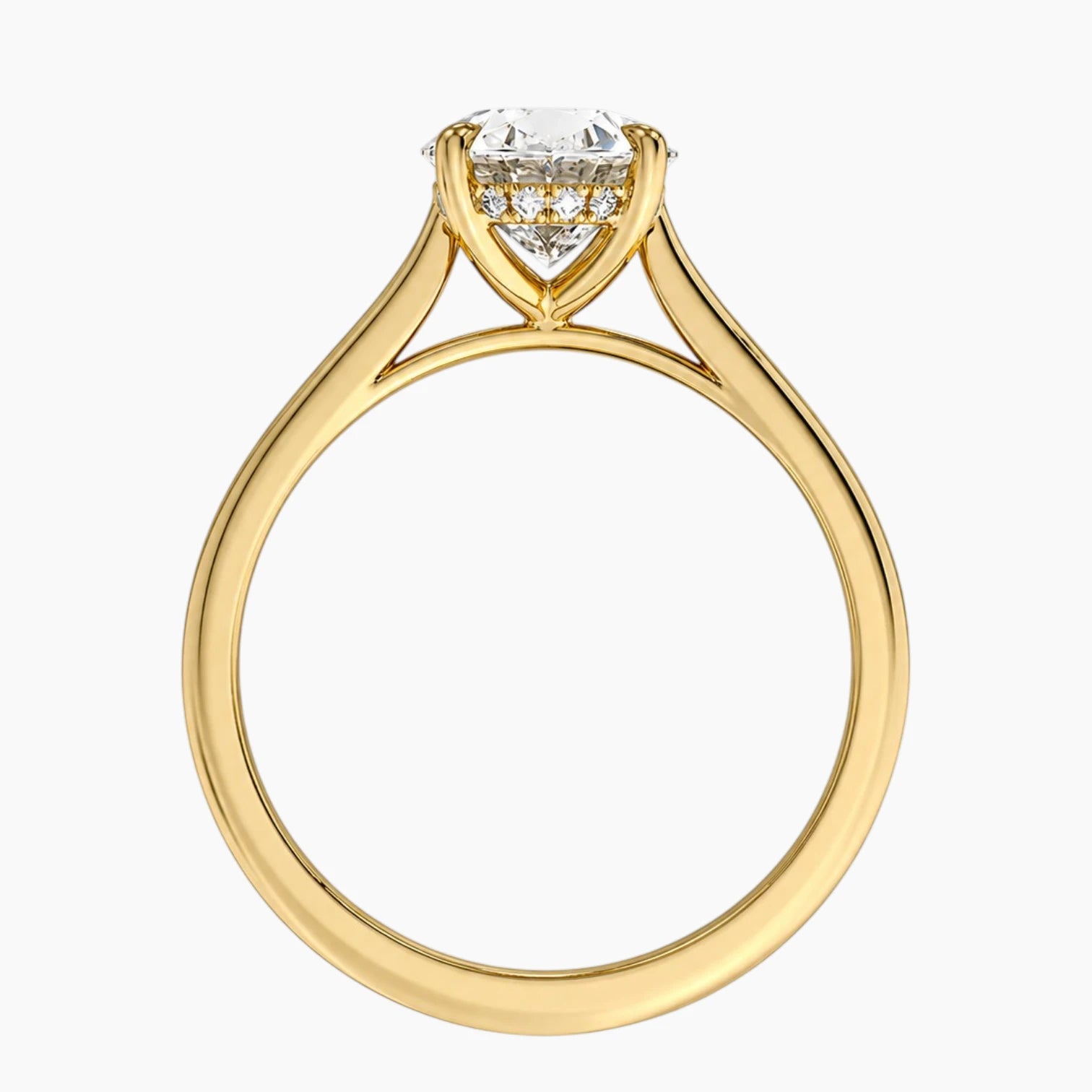Oval moissanite cathedral engagement ring in yellow gold with hidden halo, side profile