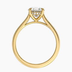 Oval moissanite cathedral engagement ring in yellow gold with hidden halo, side profile