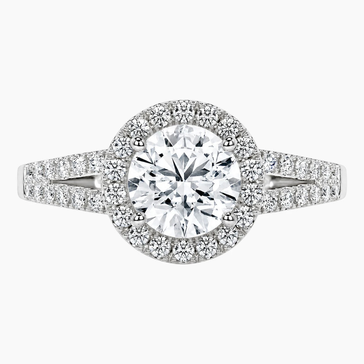 Eternal Radiance Round Moissanite Split Shank Halo Ring
