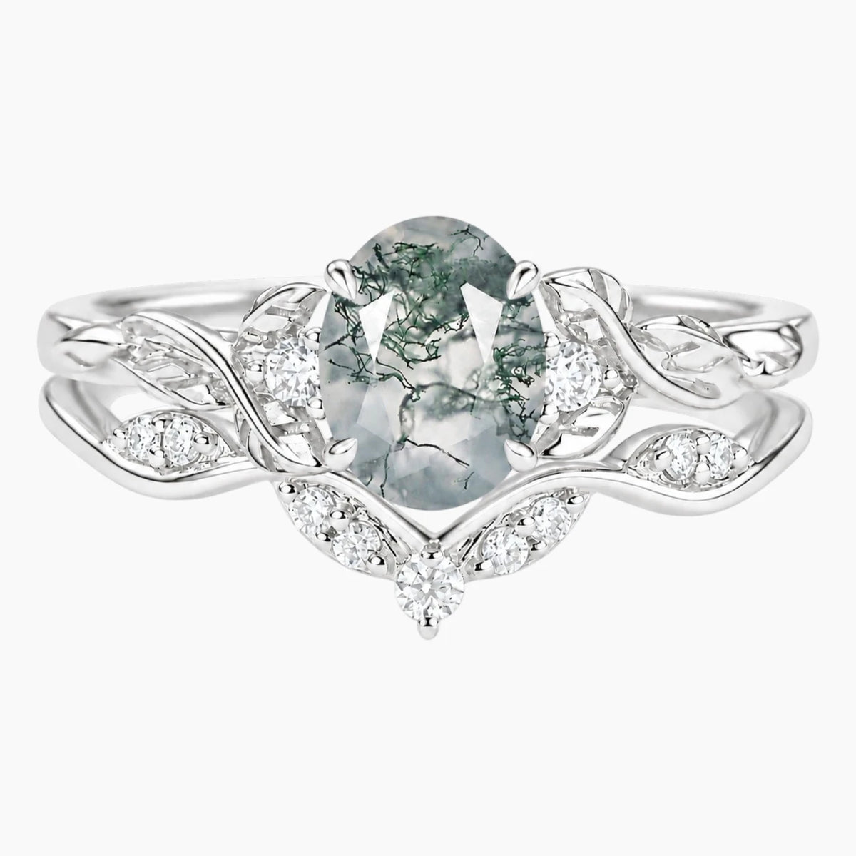 Virelora Oval Moss Agate Leaf-Inspired Ring Set