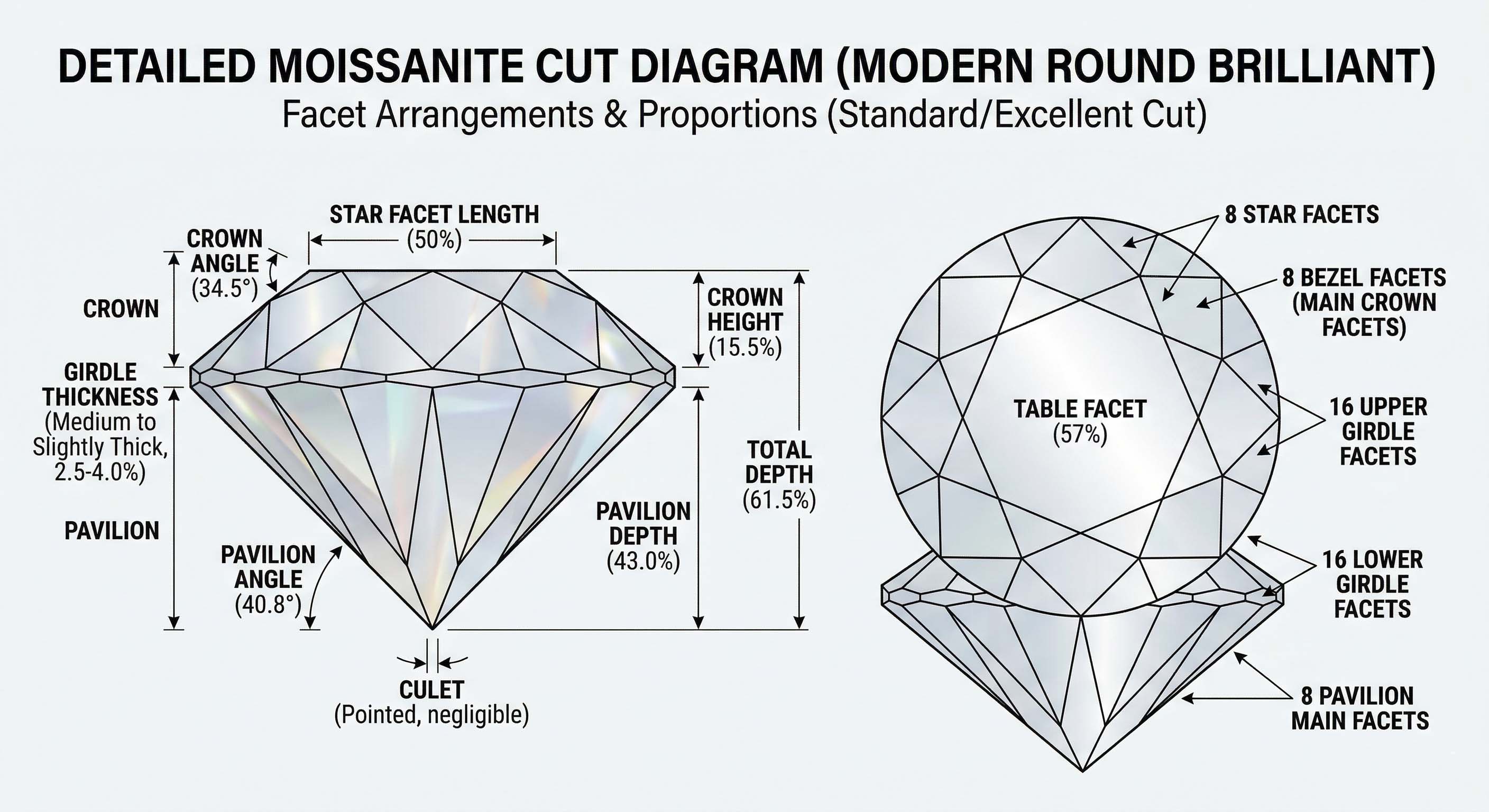 Modern round brilliant moissanite cut diagram with labeled facets, angles, and proportions.