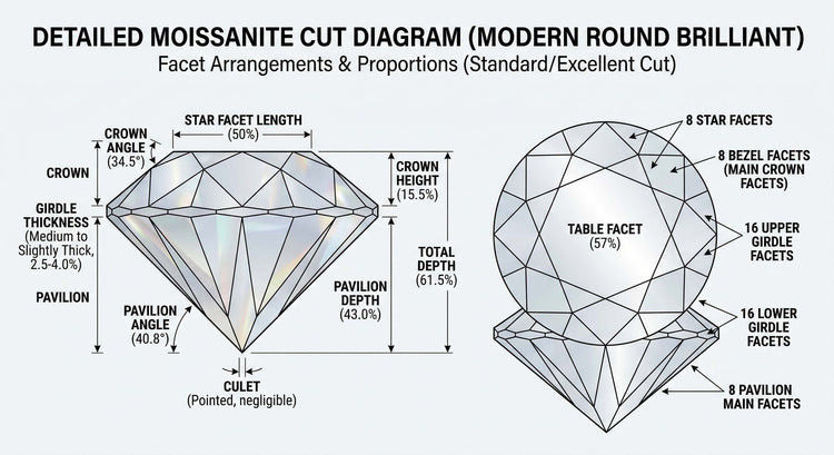 Modern round brilliant moissanite cut diagram with labeled facets, angles, and proportions.