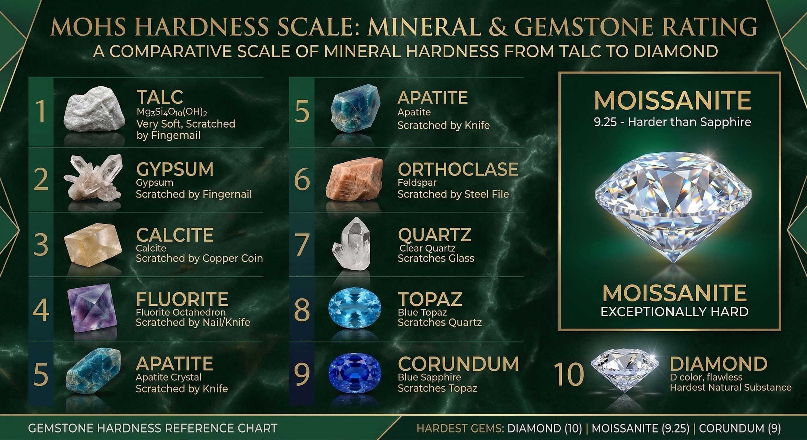 Mohs hardness scale chart comparing minerals and gemstones, highlighting moissanite at 9.25 hardness.