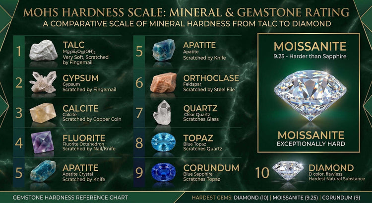 Mohs hardness scale chart comparing minerals and gemstones, highlighting moissanite at 9.25 hardness.