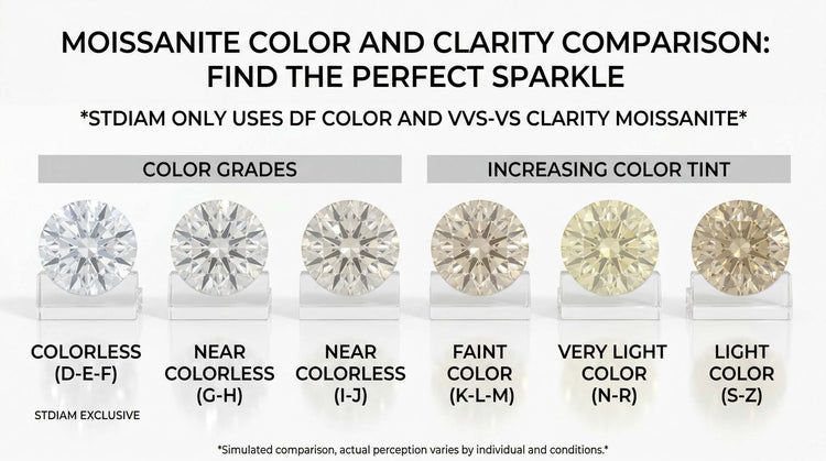 Moissanite color and clarity comparison chart showing five round stones from colorless to light color grades.