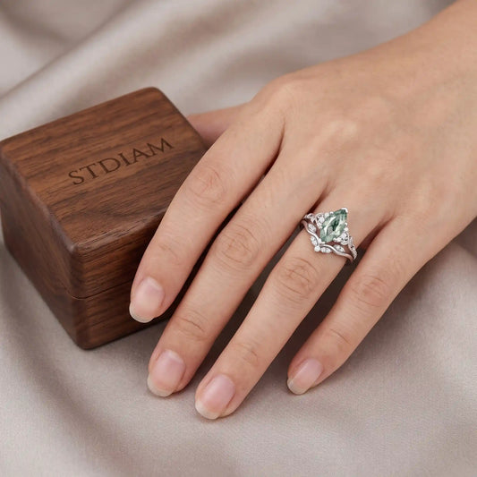 Sylvenora Marquise Moss Agate Vine-Inspired Bridal Ring Set