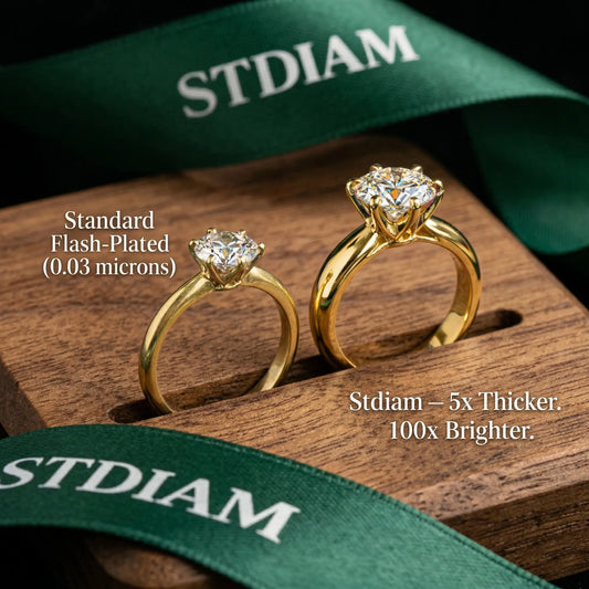 Two gold moissanite rings on wood, comparing standard plating to thicker, brighter finish.
