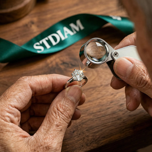 Hand inspecting a moissanite solitaire ring with a jeweler's loupe on wooden table