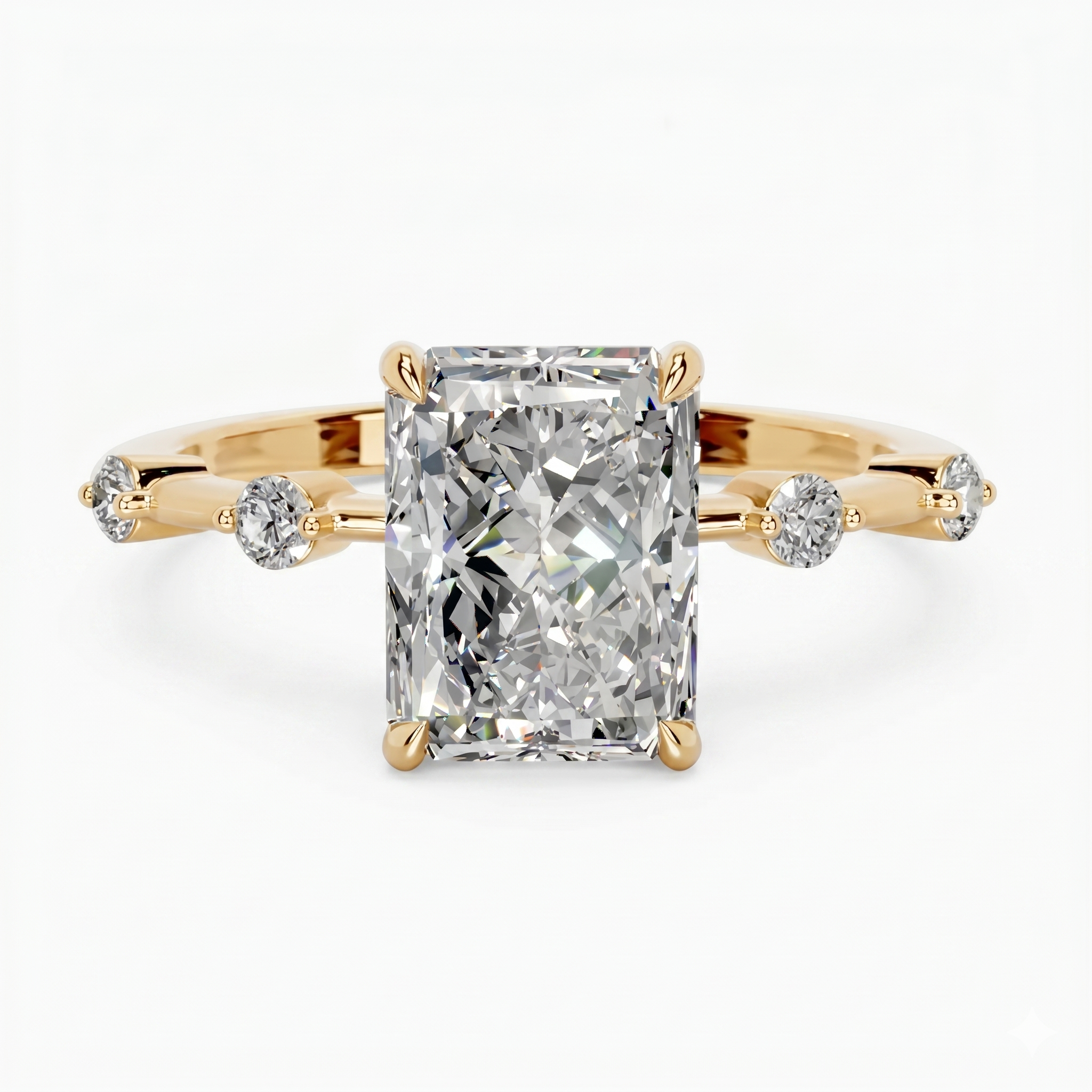 Radiant cut moissanite solitaire ring with gold band and side accent stones