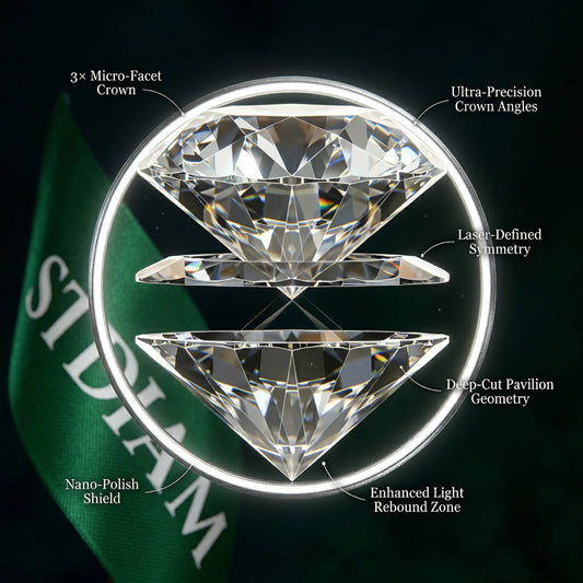 Close-up of moissanite gemstone diagram, highlighting micro-facets, symmetry, pavilion cut, and polished shield.