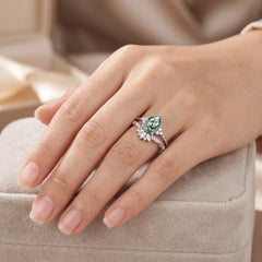 Floravelle Pear Moss Agate Botanical Bridal Ring Set